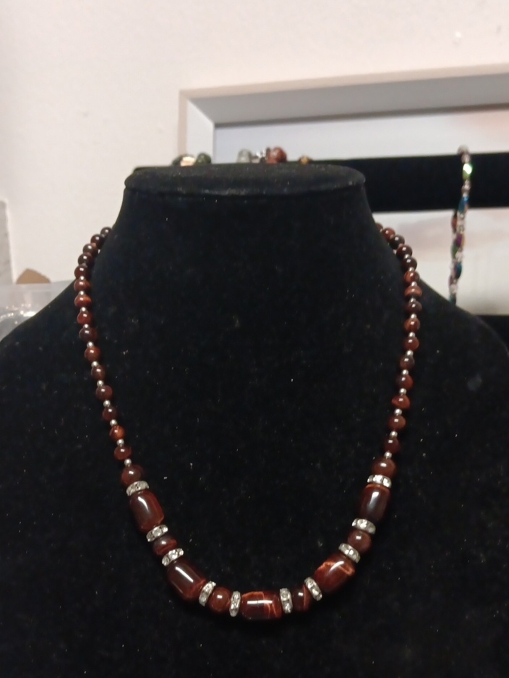Red Tiger's Eye and Austrian Crystal 142.00 ctw Beaded Necklace in Silvertone
